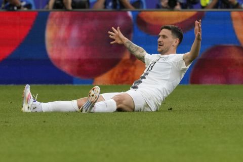 Slovenia's Erik Janza celebrates scoring his side's first goal during a Group C match between Slovenia and Denmark at the Euro 2024 soccer tournament in Stuttgart, Germany, Sunday, June 16, 2024. (AP Photo/Antonio Calanni)