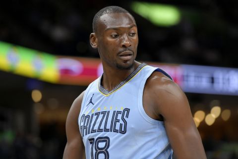 Memphis Grizzlies center Bismack Biyombo (18) plays in the first half of an NBA basketball game against the Miami Heat Wednesday, Nov. 8, 2023, in Memphis, Tenn. (AP Photo/Brandon Dill)