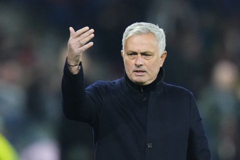 Roma's head coach Jose Mourinho gestures during the Europa League Europa League playoff first leg soccer match between FC Red Bull Salzburg and AS Roma at the Red Bull Arena in Salzburg, Austria, Thursday, Feb. 16, 2023. (AP Photo/Petr David Josek)