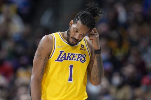 Los Angeles Lakers forward Trevor Ariza (1) in the second half of an NBA basketball game Saturday Jan. 15, 202, in Denver. The Nuggets won 133-96. (AP Photo/David Zalubowski)