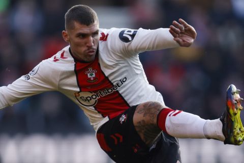 Southampton's Lyanco in action during the English Premier League soccer match between Southampton and Aston Villa at St Mary's Stadium in Southampton, England, Saturday, Jan. 21, 2023. (AP Photo/David Cliff)