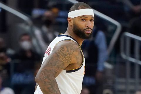 Denver Nuggets center DeMarcus Cousins against the Golden State Warriors during an NBA basketball game in San Francisco, Wednesday, Feb. 16, 2022. (AP Photo/Jeff Chiu)