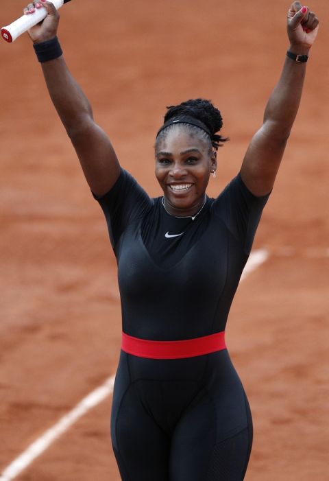 Serena Williams of the U.S. celebrates as she defeats Germany's Julia Georges during their third round match of the French Open tennis tournament at the Roland Garros stadium, Saturday, June 2, 2018 in Paris. (AP Photo/Christophe Ena)