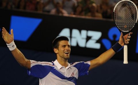 Novak Djokovic of Serbia gestures as he celebrates victory in his mens singles final match against Andy Murray of Britain on the final day of the Australian Open tennis tournament in Melbourne on January 30, 2011.    Djokovic won 6-4, 6-2, 6-3           IMAGE STRICTLY RESTRICTED TO EDITORIAL USE        STRICTLY NO COMMERCIAL USE      AFP PHOTO/Nicolas ASFOURI (Photo credit should read NICOLAS ASFOURI/AFP/Getty Images)