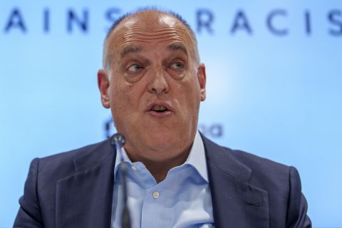 President of Spanish soccer league La Liga, Javier Tebas, speaks during a press conference in Madrid, Spain, Thursday, May 25, 2023. Spanish league president Javier Tebas said the league could end racism in six months if given more sanctioning powers. (AP Photo/Manu Fernandez)