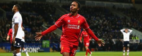 BOLTON, ENGLAND - FEBRUARY 04:  Raheem Sterling of Liverpool celebrates scoring their first goal  during the FA Cup Fourth round replay between Bolton Wanderers and Liverpool at Macron Stadium on February 4, 2015 in Bolton, England.  (Photo by Michael Steele/Getty Images)