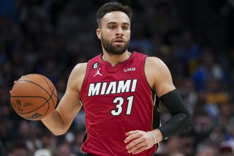 Miami Heat guard Max Strus against the Denver Nuggets during the first half of Game 5 of basketball's NBA Finals, Monday, June 12, 2023, in Denver. (AP Photo/Jack Dempsey)