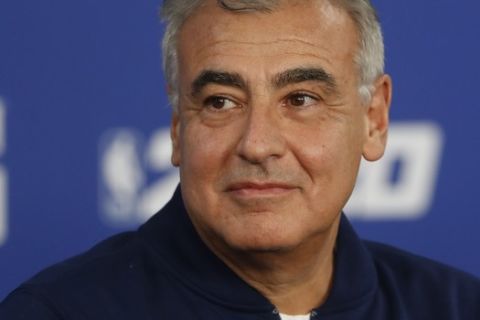 Co-owner of the NBA's Milwaukee Bucks Marc Lasry attends a press conference ahead of NBA basketball game between Charlotte Hornets and Milwaukee Bucks in Paris, Friday, Jan. 24, 2020. (AP Photo/Thibault Camus))