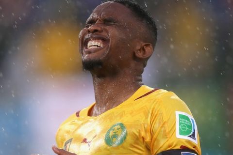 NATAL, BRAZIL - JUNE 13:  Samuel Eto'o of Cameroon reacts after a missed chance during the 2014 FIFA World Cup Brazil Group A match between Mexico and Cameroon at Estadio das Dunas on June 13, 2014 in Natal, Brazil.  (Photo by Clive Rose/Getty Images)