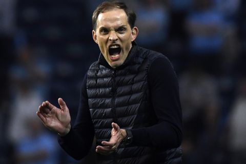 FILE - Chelsea's head coach Thomas Tuchel reacts during the Champions League final soccer match between Manchester City and Chelsea at the Dragao Stadium in Porto, Portugal, Saturday, May 29, 2021. (Pierre Philippe Marcou/Pool via AP, File)