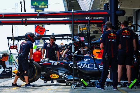 BARCELONA, SPAIN - JUNE 02: Max Verstappen of the Netherlands driving the (1) Oracle Red Bull Racing RB19 is pushed back into the garage during practice ahead of the F1 Grand Prix of Spain at Circuit de Barcelona-Catalunya on June 02, 2023 in Barcelona, Spain. (Photo by Mark Thompson/Getty Images)