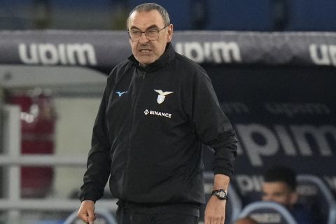 Lazio's head coach Maurizio Sarri reacts during the Italian Serie A soccer match between Lazio and Juventus at the Stadio Olimpico stadium in Rome, Italy, Saturday, April 8, 2023. (AP Photo/Alessandra Tarantino)