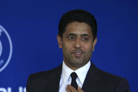 PSG president Nasser Al-Khelaifi speaks during a press conference at the new Paris-Saint-Germain training ground Wednesday, July 5, 2023 in Poissy, west of Paris. Paris Saint-Germain fired coach Christophe Galtier after a disappointing season on and replaced him with former Spain and Barcelona manager Luis Enrique. (AP Photo/Aurelien Morissard)