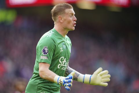 Everton's goalkeeper Jordan Pickford reacts during the English Premier League soccer match between Liverpool and Everton, at Anfield in Liverpool, England, Saturday, Oct. 21, 2023. (AP Photo/Jon Super)