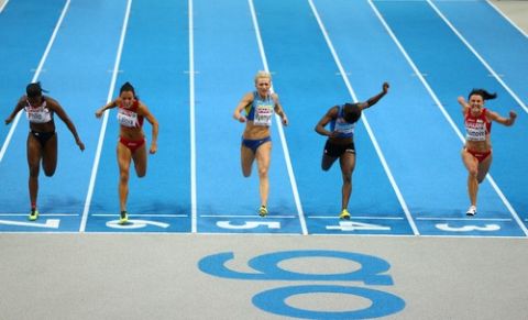 GOTHENBURG, SWEDEN - MARCH 03:  (L-R) Asha Philip of Great Britain and Northern Ireland, Ivet Lalova of Bulgaria, silver medalist Mariya Ryemyen of Ukraine, bronze medalist Myriam Soumare of France and gold medalist Tezdzhan Naimova of Bulgaria cross the line in the Women's 60m Final during day three of European Indoor Athletics at Scandinavium on March 3, 2013 in Gothenburg, Sweden.  (Photo by Michael Steele/Getty Images)