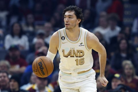 Cleveland Cavaliers forward Cedi Osman plays against the Minnesota Timberwolves during the first half of an NBA basketball game, Sunday, Nov. 13, 2022, in Cleveland. (AP Photo/Ron Schwane)