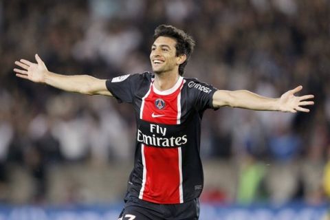 Paris Saint-Germain's Javier Pastore celebrates after scoring a goal during the French L1 football match PSG versus Brest on September 11, 2011 at the Parc des Princes stadium in Paris.   AFP PHOTO PATRICK KOVARIK (Photo credit should read PATRICK KOVARIK/AFP/Getty Images)