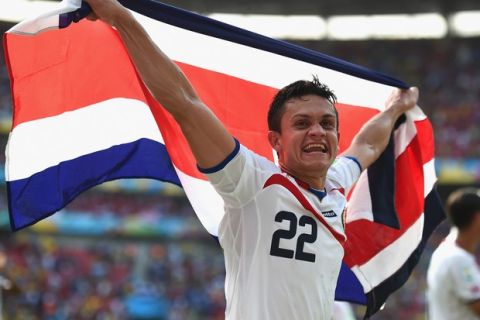 RECIFE, BRAZIL - JUNE 20: Jose Miguel Cubero of Costa Rica celebrates after defeating Italy 1-0 during the 2014 FIFA World Cup Brazil Group D match between Italy and Costa Rica at Arena Pernambuco on June 20, 2014 in Recife, Brazil.  (Photo by Laurence Griffiths/Getty Images)