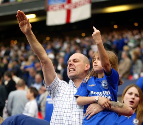 Chelsea fans gesture after the game against Liverpool