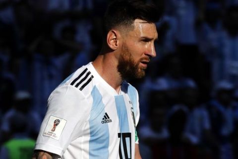 Argentina's Lionel Messi walks on he pitch during the round of 16 match between France and Argentina, at the 2018 soccer World Cup at the Kazan Arena in Kazan, Russia, Saturday, June 30, 2018. (AP Photo/David Vincent)