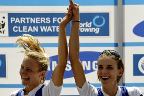 Christina Giazitzidou and Alexandra Tsiavou of Greece celebrate their victory after the Lightweight Women's Double Sculls final at the World Rowing Championships in Bled September 4, 2011. REUTERS/Srdjan Zivulovic (SLOVENIA - Tags: SPORT ROWING)