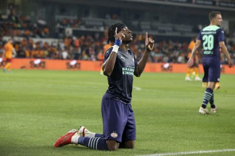 PSV's Noni Madueke celebrates after scoring the opening goal during the Champions League second qualifying round, second leg, soccer match between Galatasaray and PSV in Istanbul, Turkey, Wednesday, July 28, 2021. (AP Photo)