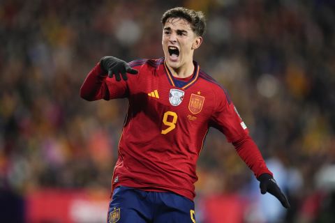 Spain's Gavi Paez reacts after injuring his leg during the Euro 2024 group A qualifying soccer match between Spain and Georgia at Jose Zorrilla Stadium in Valladolid, Spain, Sunday, Nov. 19 23, 2023. (AP Photo/Manu Fernandez)