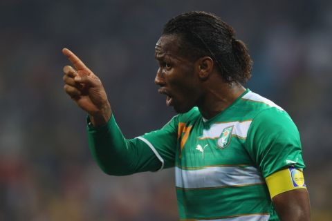 NELSPRUIT, SOUTH AFRICA - JUNE 25:  Didier Drogba of the Ivory Coast gestures during the 2010 FIFA World Cup South Africa Group G match between North Korea and Ivory Coast at the Mbombela Stadium on June 25, 2010 in Nelspruit, South Africa.  (Photo by Cameron Spencer/Getty Images)