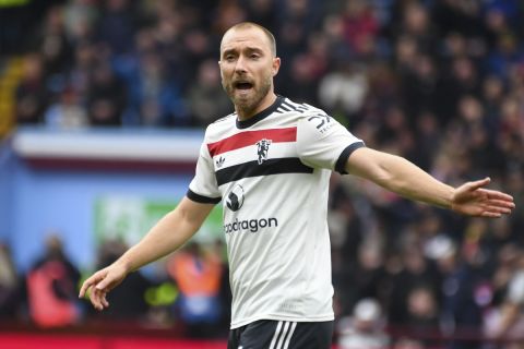 Manchester United's Christian Eriksen reacts during the English Premier League soccer match between Aston Villa and Manchester United, at Villa Park in Birmingham, England, Sunday, Oct. 6, 2024. (AP Photo/Rui Vieira)