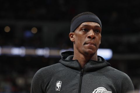 Los Angeles Lakers guard Rajon Rondo (9) in the first half of an NBA basketball game Wednesday, Feb. 12, 2020, in Denver. (AP Photo/David Zalubowski)