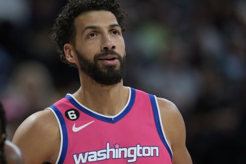 Washington Wizards forward Anthony Gill (16) in the second half of an NBA basketball game Wednesday, Dec. 14, 2022, in Denver. (AP Photo/David Zalubowski)