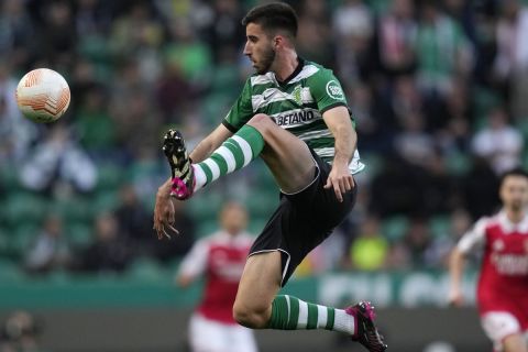 Sporting's Goncalo Inacio controls the ball during the Europa League round of 16, first leg, soccer match between Sporting CP and Arsenal at the Alvalade stadium in Lisbon, Thursday, March 9, 2023. (AP Photo/Armando Franca)