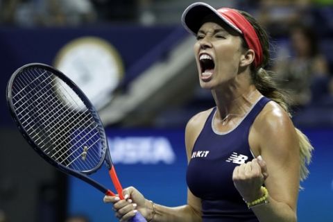 Danielle Collins, of the United States, reacts to winning the first set against Caroline Wozniacki, of Denmark, during the second round of the U.S. Open tennis tournament Thursday, Aug. 29, 2019, in New York. (AP Photo/Adam Hunger)