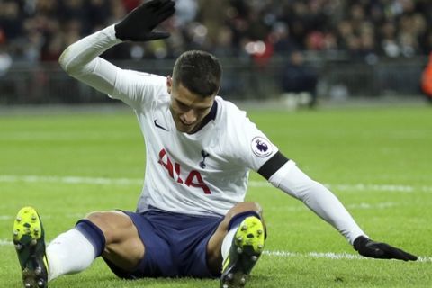 Tottenham's Erik Lamela reacts during the English Premier League soccer match between Tottenham Hotspur and Manchester City at Wembley stadium in London, England, Monday, Oct. 29, 2018. (AP Photo/Tim Ireland)