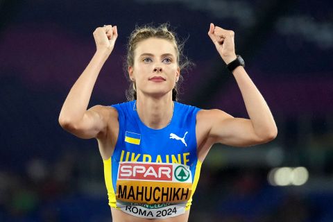 Yaroslava Mahuchikh, of Ukraine, reacts after a successful attempt in the women's high jump final at the the European Athletics Championships in Rome, Sunday, June 9, 2024. (AP Photo/Andrew Medichini)