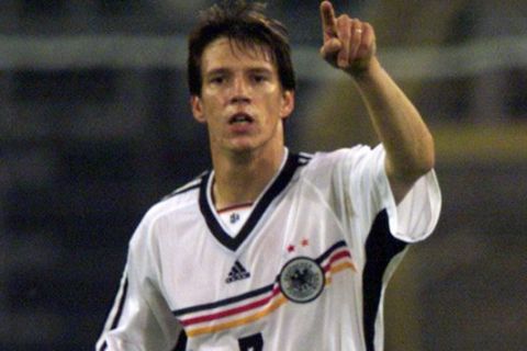 Christian Ziege of Germany reacts after his third goal for Germany during the European Qualifying game Germany vs. Nothern Ireland, Wednesday September 8, 1999, at Dortmund's Westfalia-Stadium, Germany. Germany plays in group 3 for the qualification. (AP Photo/Martin Meissner)