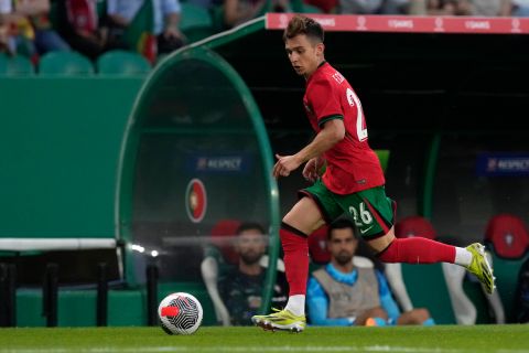 Portugal's Francisco Conceicao controls the ball during an international friendly soccer match between Portugal and Finland at the Alvalade stadium in Lisbon, Tuesday, June 4, 2024. (AP Photo/Armando Franca)