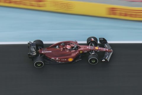 Ferrari driver Charles Leclerc of Monaco steers his car during the Formula One Grand Prix it in Jiddah, Saudi Arabia, Friday, March 25, 2022. (AP Photo/Hassan Ammar)