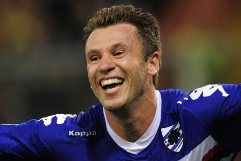 Sampdoria's Antonio Cassano celebrates after scoring the 3rd goal during the play-off round 2nd leg of Champion's League Sampdoria against Werder Bremen at the Luigi Ferraris Stadium in Genoa on August 24, 2010 . AFP PHOTO OLIVIER MORIN (Photo credit should read OLIVIER MORIN/AFP/Getty Images)