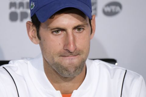 Novak Djokovic press conference during day three of the Mutua Madrid Open tennis tournament at the Caja Magica on May 7, 2018 in Madrid, Spain. (Photo by Oscar Gonzalez/NurPhoto)