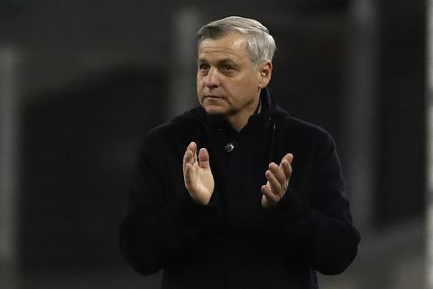 Rennes' new head coach Bruno Genesio reacts during the French League One soccer match between Marseille and Rennes at the Stade Velodrome in Marseille, southern France, Wednesday March 10, 2021. (AP Photo/Daniel Cole)