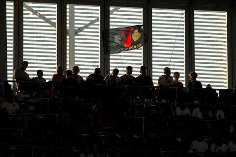 Albania'sfans wait in the stands ahead of a Group B match between Albania and Spain at the Euro 2024 soccer tournament in Duesseldorf, Germany, Monday, June 24, 2024. (AP Photo/Andreea Alexandru)