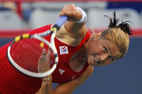 Dinara Safina of Russia serves to Andrea Petkovic of Germany during their match at the Rogers Cup tennis tournament in Montreal, in this file picture taken August 16, 2010. Safina will miss the French Open after taking an indefinite break from tennis, the Russian former world number one said on May 12, 2011. 
The 25-year-old said she might retire altogether following a latest setback on her return from a serious back injury.      REUTERS/Shaun Best/Files   (CANADA - Tags: SPORT TENNIS)