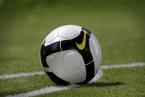 The soccer ball is seen during  Europa League third qualifying round second leg soccer match between Hapoel Tel-Aviv and IFK Goteborg  in Bloomfield stadium Tel Aviv, Israel, Thursday, Aug. 6, 2009. (AP Photo/Ariel Schalit)