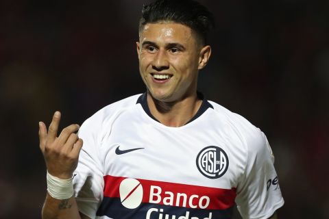 Adam Bareiro of Argentina's San Lorenzo celebrates after scoring against Paraguay Cerro Porteno at a Copa Libertadores soccer game in Asuncion, Paraguay, Wednesday, July 31, 2019. (AP Photo/Jorge Saenz)