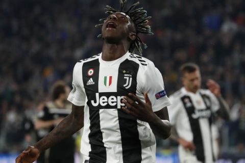 Juventus' Moise Kean looks up after missing a scoring chance during the Champions League quarter final, second leg soccer match between Juventus and Ajax, at the Allianz stadium in Turin, Italy, Tuesday, April 16, 2019. (AP Photo/Antonio Calanni)