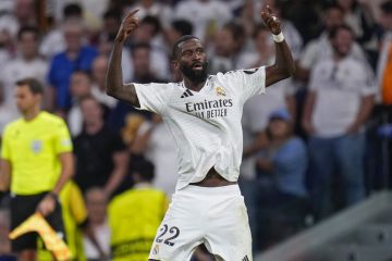 Real Madrid's Antonio Rudiger celebrates after scoring his side's second goal during the Champions League opening phase soccer match between Real Madrid and VfB Stuttgart at the Santiago Bernabeu stadium, in Madrid, Tuesday, Sept. 17, 2024. (AP Photo/Manu Fernandez)