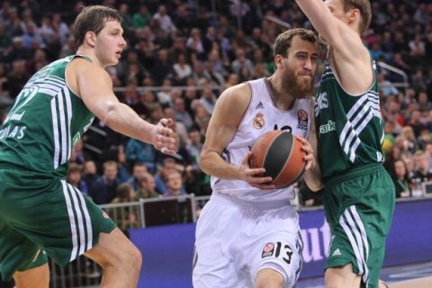 KAUNAS, LITHUANIA - APRIL 11: Sergio Rodriguez, #13 of Real Madrid in action during the 2013-2014 Turkish Airlines Euroleague Top 16 Date 14 game between Zalgiris Kaunas v Real Madrid at Zalgirs Arena on April 11, 2014 in Kaunas, Lithuania.  (Photo by Alius Koroliovas/EB via Getty Images)