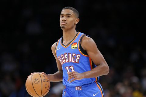 Oklahoma City Thunder guard Theo Maledon during the second half of an NBA basketball game against the Atlanta Hawks, Wednesday, March 30, 2022, in Oklahoma City. (AP Photo/Nate Billings)