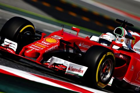 MONTMELO, SPAIN - MAY 13: Sebastian Vettel of Germany driving the (5) Scuderia Ferrari SF16-H Ferrari 059/5 turbo (Shell GP) on track  during practice for the Spanish Formula One Grand Prix at Circuit de Catalunya on May 13, 2016 in Montmelo, Spain.  (Photo by Dan Istitene/Getty Images)